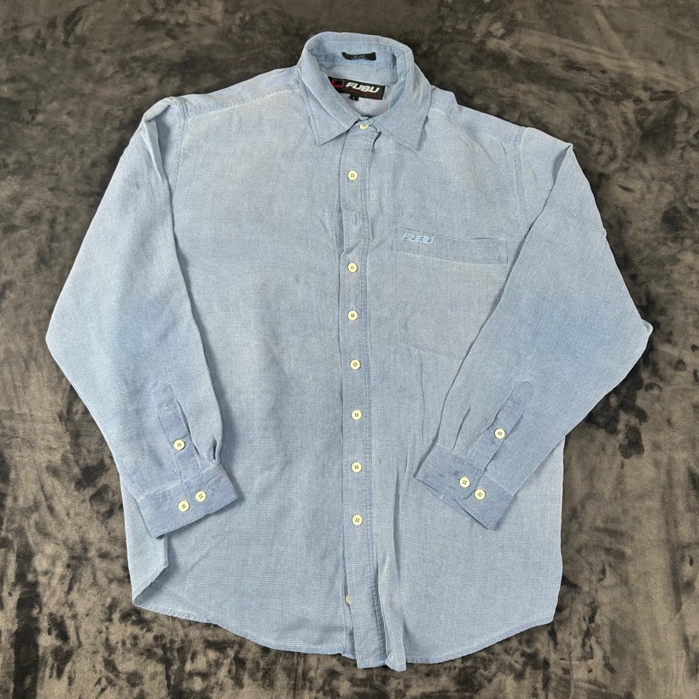 FUBU Button Down Shirt Mens L Blue 100% Silk Long Sleeve Textured Embroidered